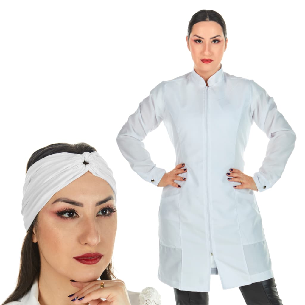 Jaleco Oxford Feminino Acinturado Zíper Gola Padre Manga Longa Com Faixa Turbante