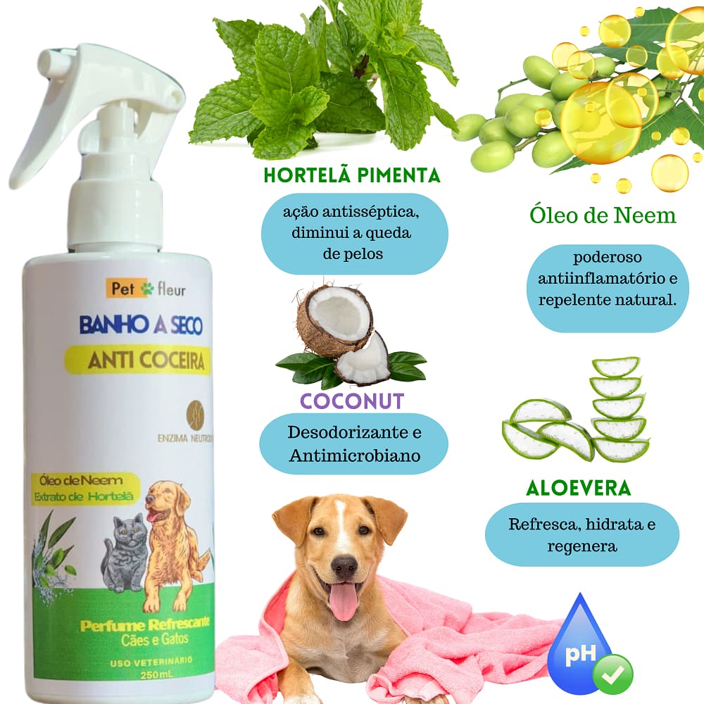 Banho a Seco Cães e Gatos - limpa hidrata e tira mau cheiro - Função Repelente e Anti Coceira