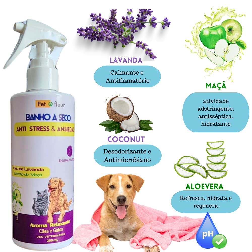 Banho a Seco Anti Odor Cães e Gatos - limpa hidrata e tira mau cheiro -  Função Anti Stress