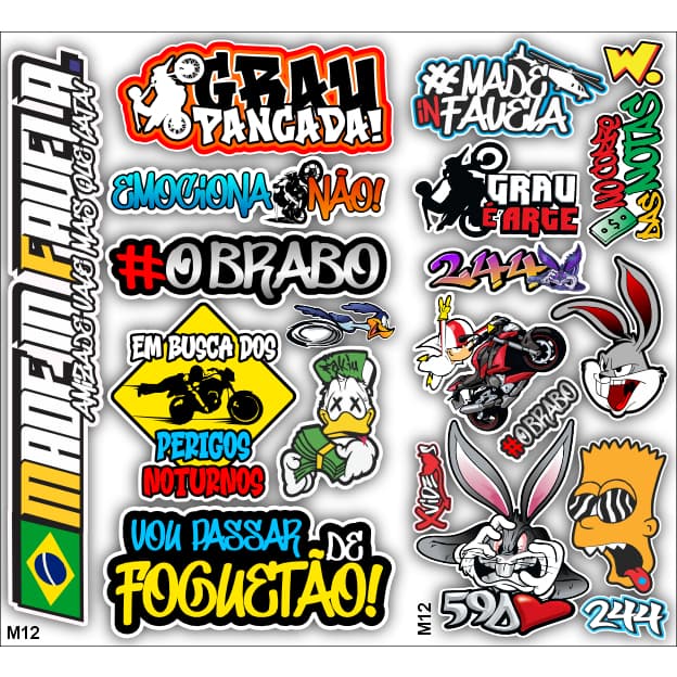 Cartela de adesivos Bike Carro Moto montadinha Capacete caminhão grau impreshow M12