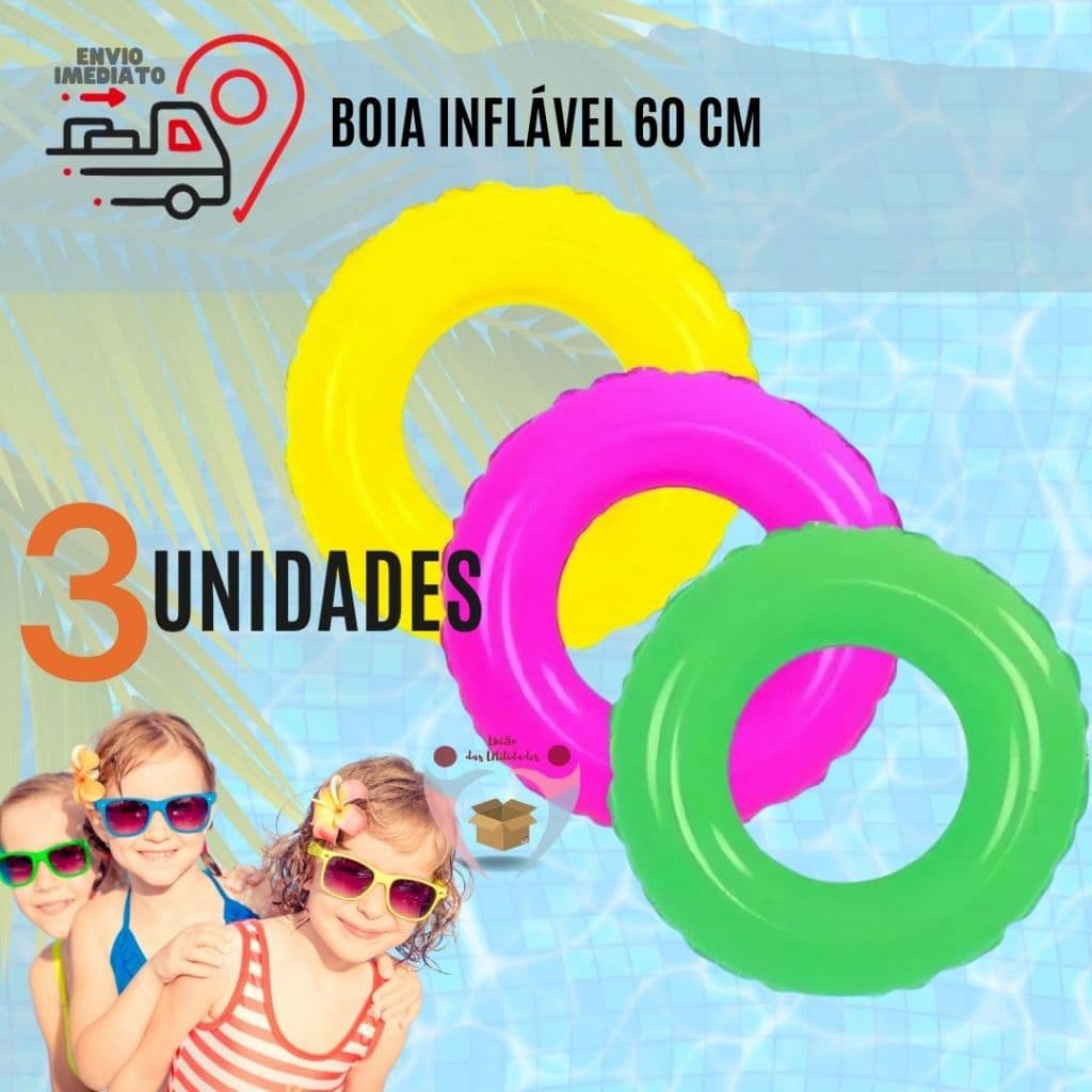 Kit 3 Boias Bóias Inflável Circular Infantil Redonda de Piscina 60 cm para Criança Praia Piscina Colorido