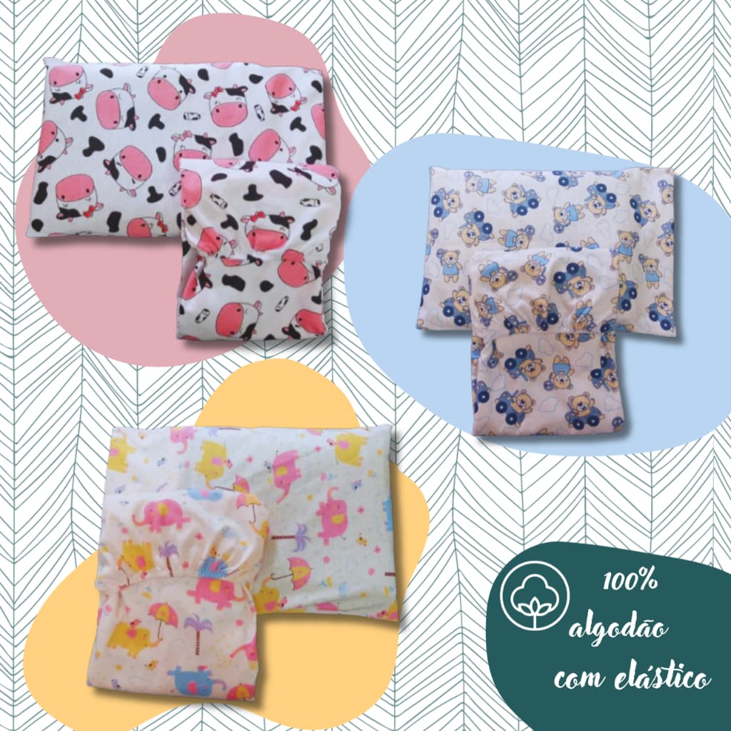 Kit 2 Peças Lençol de Berço com Fronha Padrão Americano Malha Estampada 100% Algodão