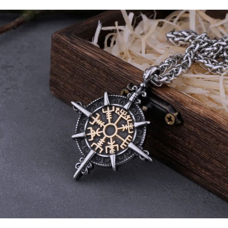 Cordão com Pingente  Vegvisir Vikings em Aço Inox