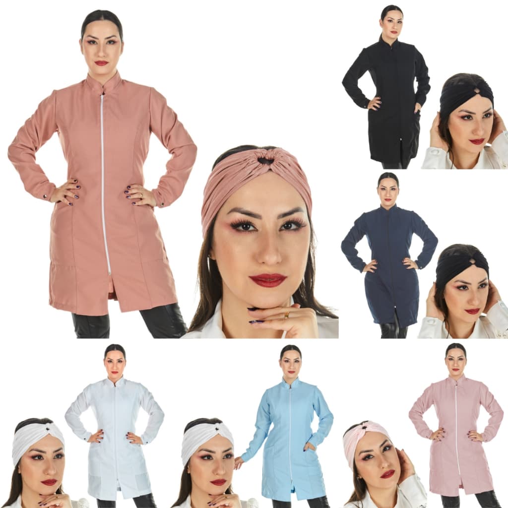Kit Jaleco Oxford Feminino Acinturado Zíper Gola Padre Manga Longa Com Faixa 2 em 1 Turbante de Cabelo