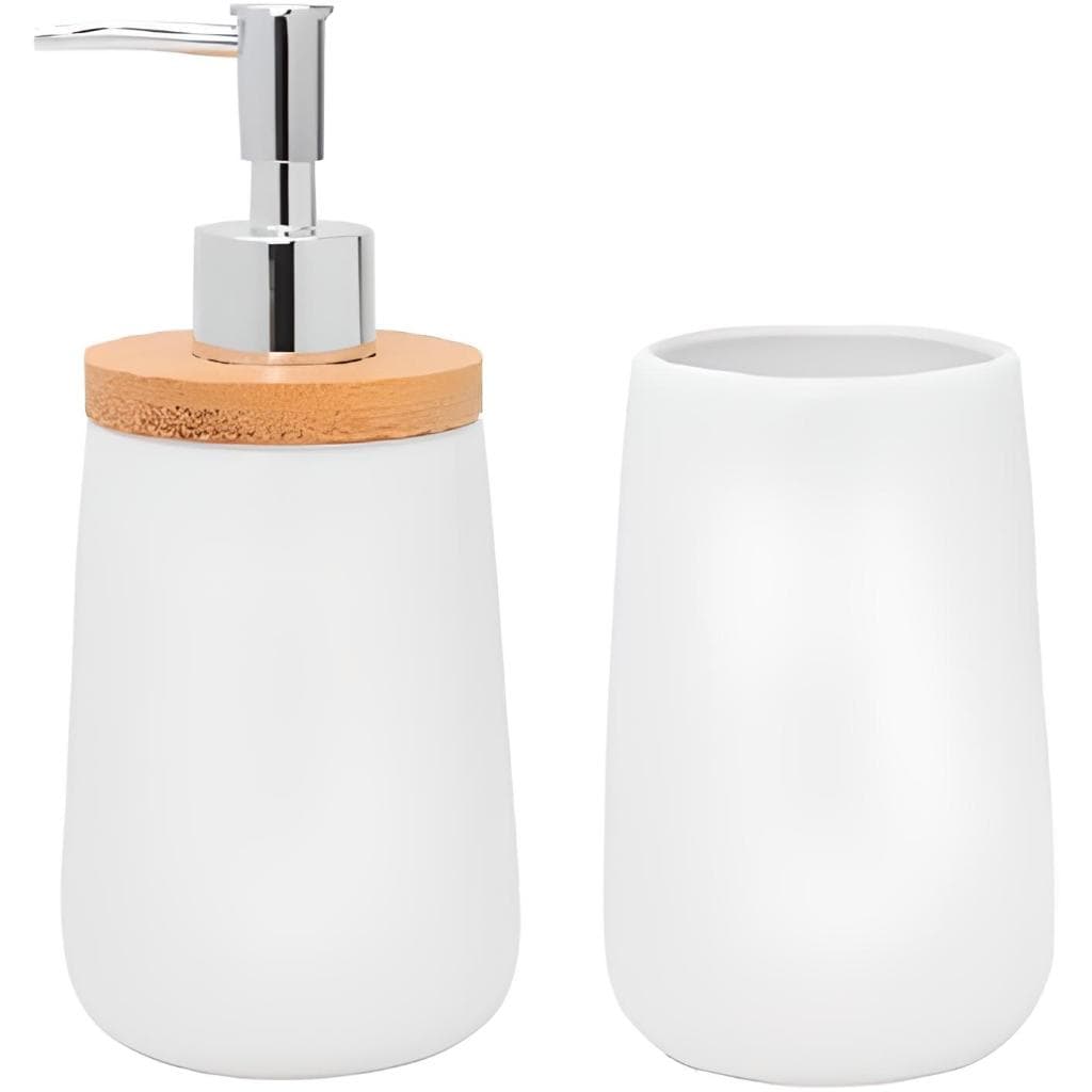 Conjunto Porta Sabonete Liquido e Escova Artigo de luxo de Porcelana Com Bambu 2 Peças  2517