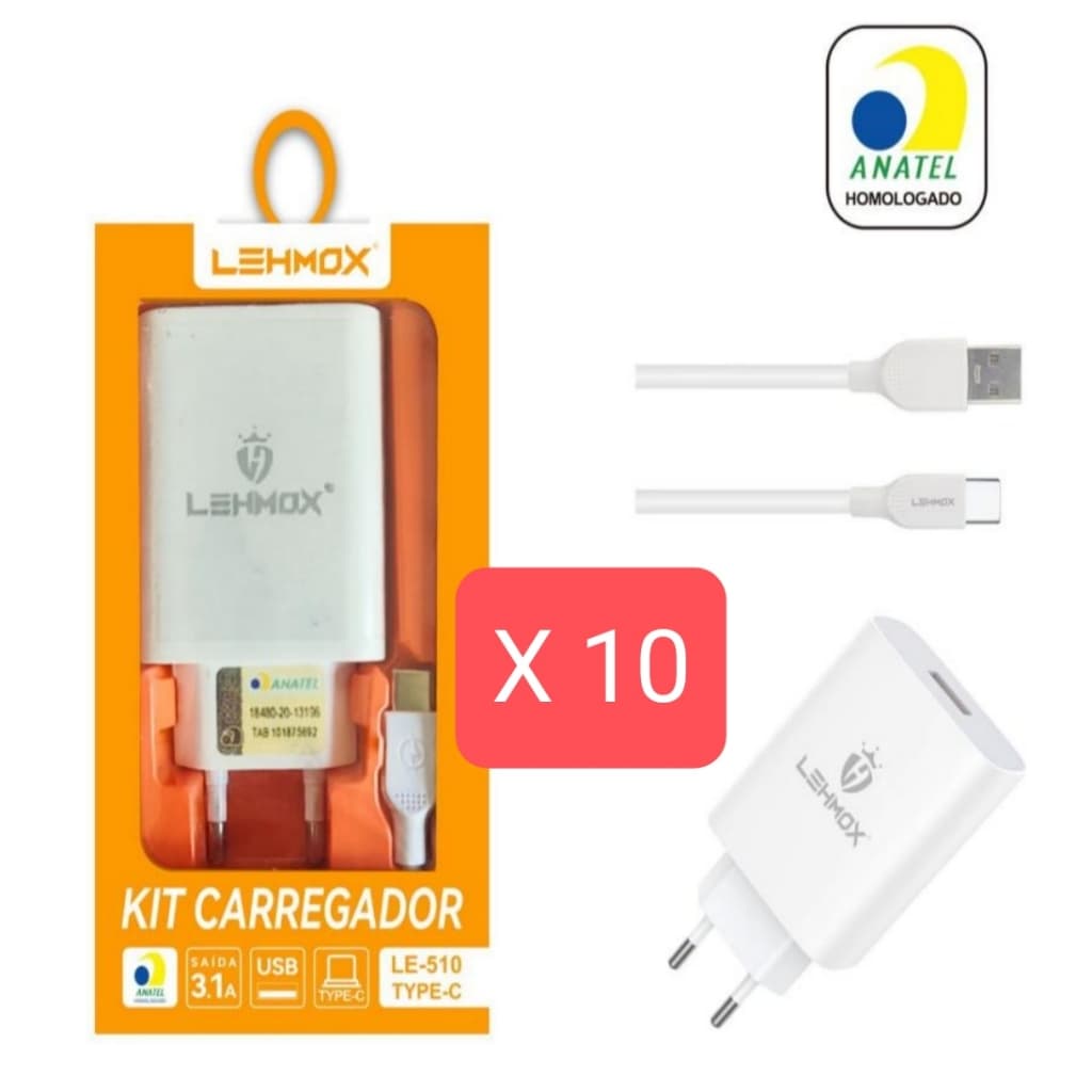 kit 10/6 Carregador P/ Celular 1 Entrada Usb e Cabo Micro v8/tipo c/ios  LE-510/508