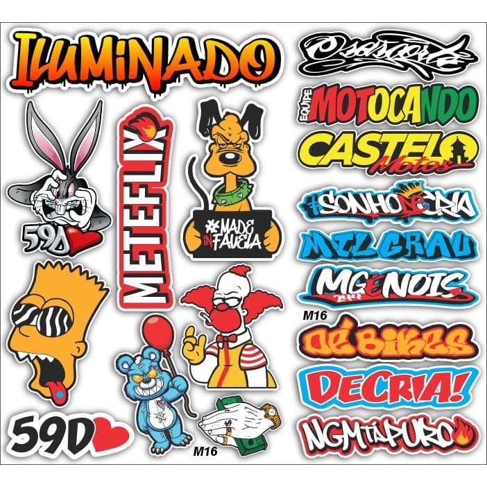 Cartela de adesivos Bike Carro Moto montadinha Capacete caminhão grau impreshow M16