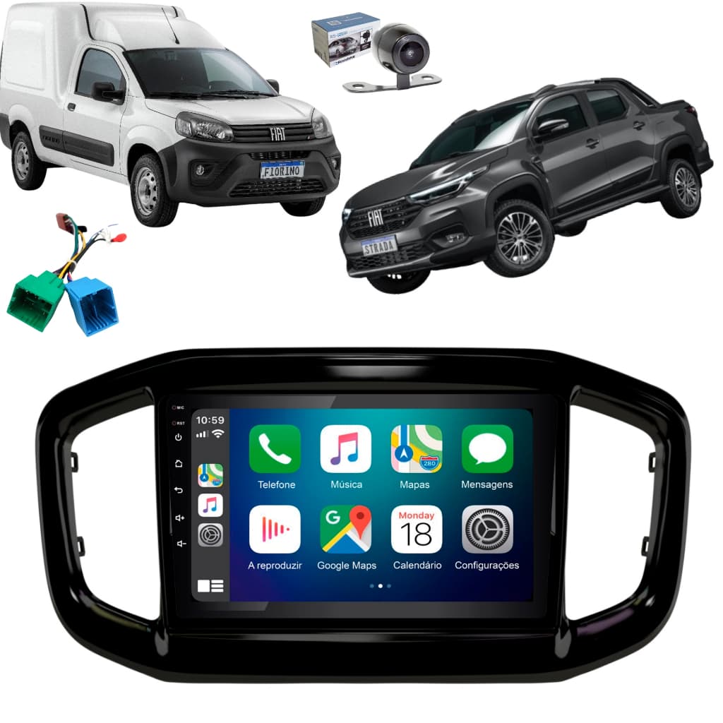 Central Multimídia 9'' Carplay Fiat Strada Fiorino 2021 2024 com Chicote Original e Câmera de Ré