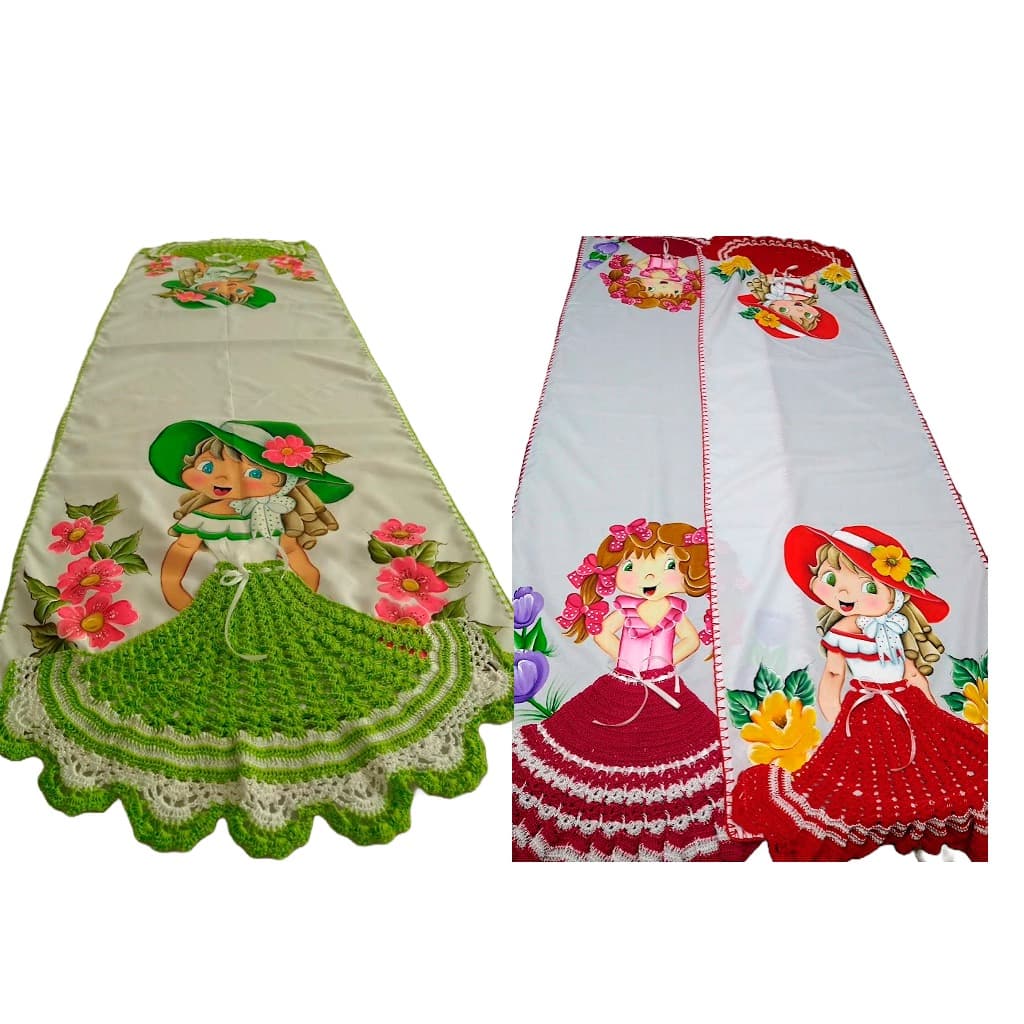 Kit Caminho de Mesa Trilho Boneca com Crochê 150x55cm Pintado a Mão/ Variação