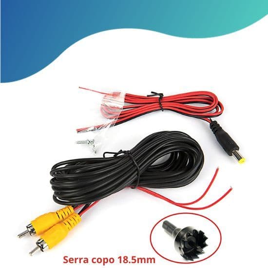 Cabo Rca Vídeo E Alimentação P/ Câmera De Ré 6m + Broca serra copo para furo 18.5mm