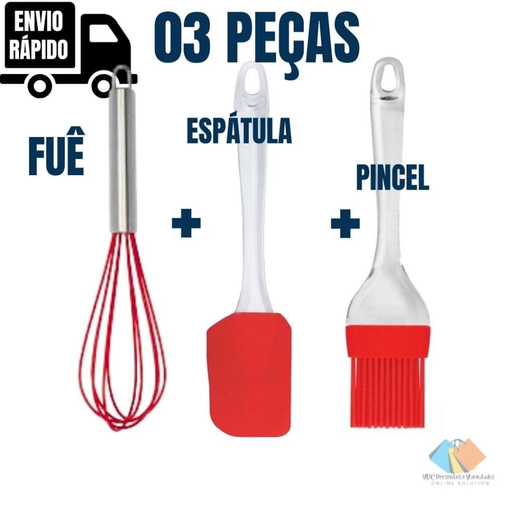 Kit Batedor de Ovos Fue + Espátula + Pincel de Silicone Culinário Cozinha