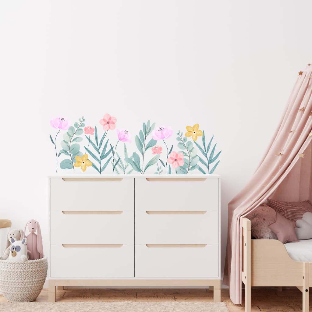 Adesivo de Parede Infantil Floral Flores Aquarela Raminhos quarto de bebê