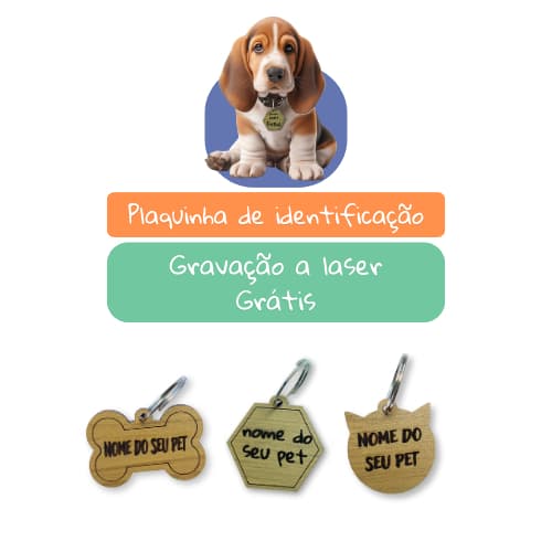 Plaquinha de Identificação Pet Personalizada Cachorro / Gato Gravada a Laser MDF e Metal