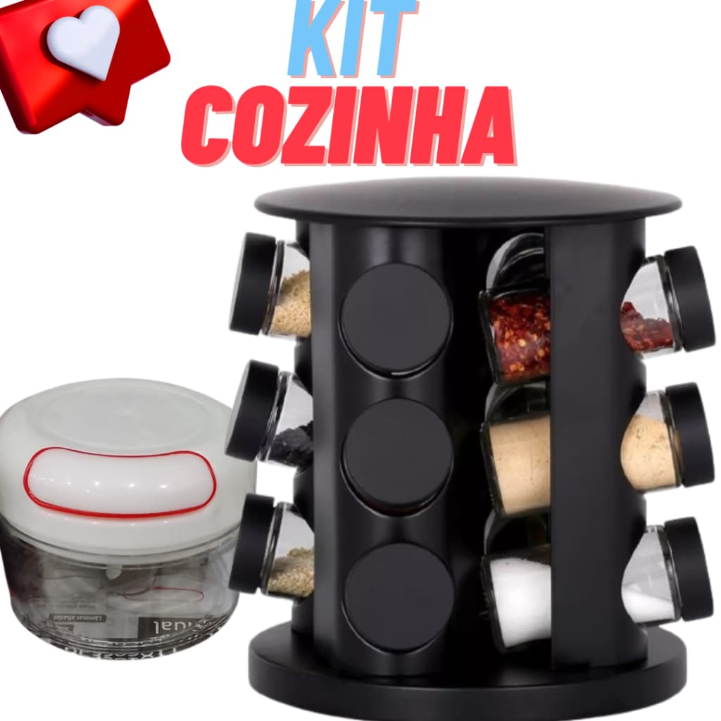 Kit Porta Tempero Condimentos Giratório 360 (Preto) + Mini processador alimentos Manual