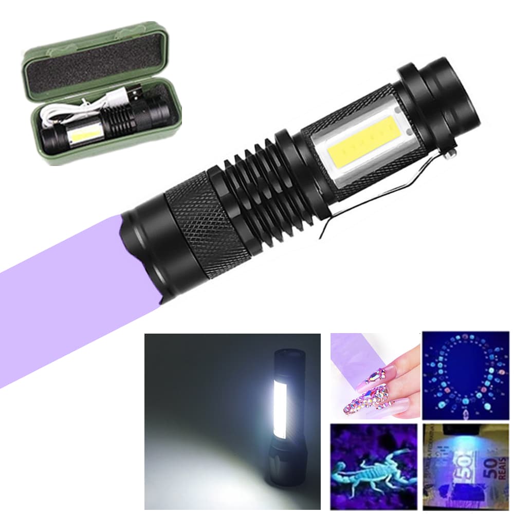 Lanterna Led Cree T6 Luz UV Ultra violeta Branca C/ Foco Zoom luz Emergência Usb Recarregável