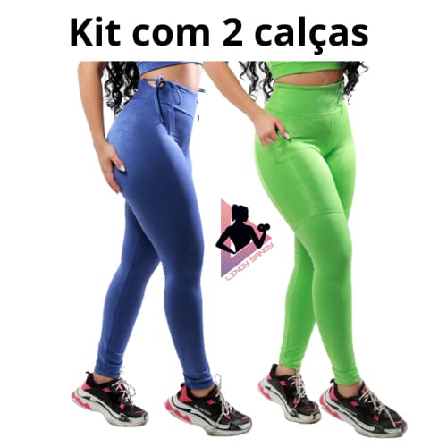 Kit Com Duas Calças Legging Fitness Lisa Com O Tecido Brilhoso 1 Leg Feminina Com 2 Bolsos + 1 Com detalhes De Amarração Nas Laterais