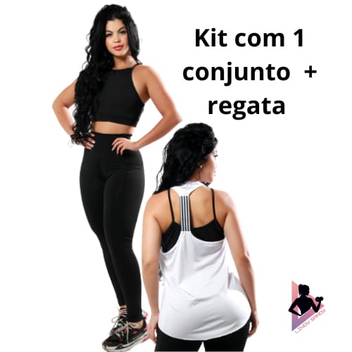 Kit Com 1 Conjunto Feminino Fitness Para Academia Lisa Calça Legging Com Bolso Nas Laterais + Top Sem Bojo + Regata Com Elástico Nas Costas