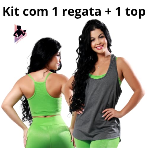 Kit Com 1 Top Fitness Feminino Para Academia Sem Bojo Com Sustentação Nos Seios + 1 Regata Com Recorte Cavado Nas Laterais