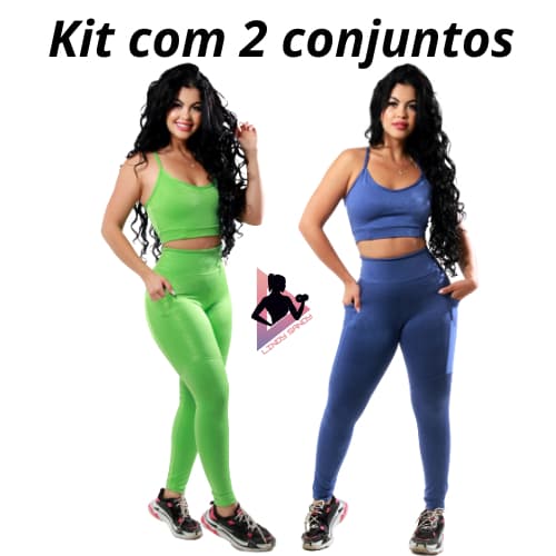 Kit 2 Conjuntos Fitness Academia Calça Com Bolsos Laterais  Top Sem Bojo Esportiva Com Sustentação