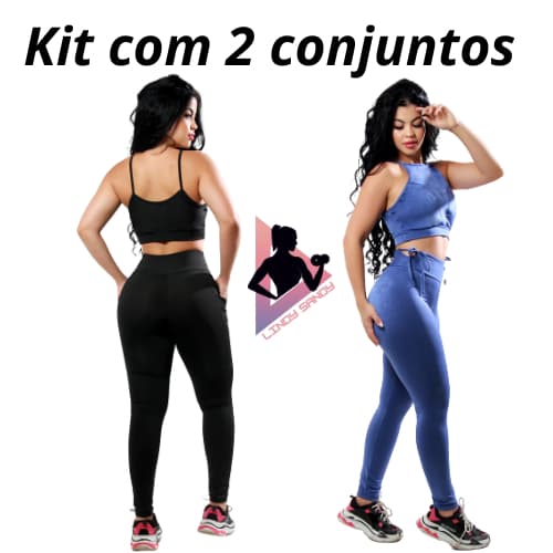 Kit Com 2 Conjuntos Fitness Liso Feminino Para Academia 1 Calça Legging Com Bolsos Nas Laterais E Outra Com Amarração Dos Lados+ Top Sem Bojo Com Sustentação Para Musculação Dia Dia