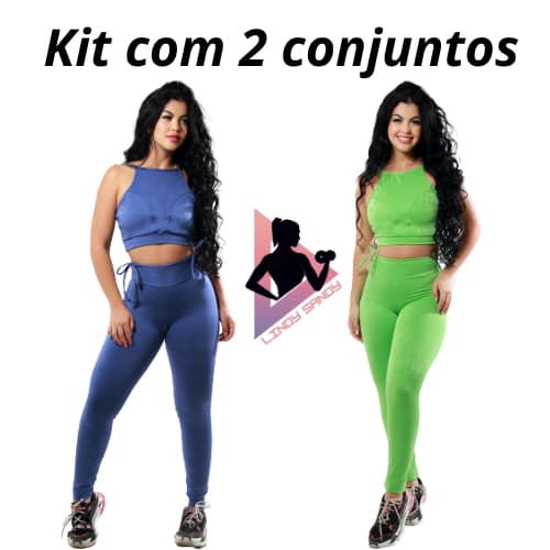 Kit Com 2 Conjuntos Feminino Liso Para Musculação Calça Legging Com Amarração Dos Lados + Top Forrado Na Parte Interna Com Suporte Para Colocar Bojo