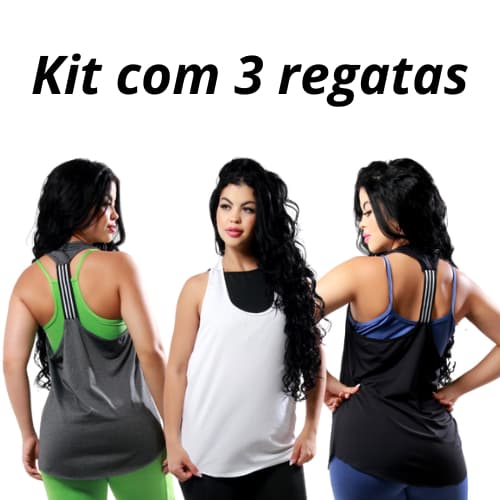 Kit Com 3 Regatas Fitness Feminina Lisa Com Recorte Cavado Nas Laterais Com Elástico Nas Costas Musculação Dia Dia