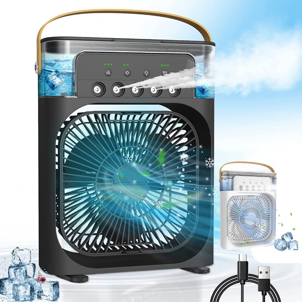 Mini Ar Condicionado Climatizador Umidificador Ventilador Portátil USB Led Quarto Sala Escritório Mesa Reservatório 600ml Alça