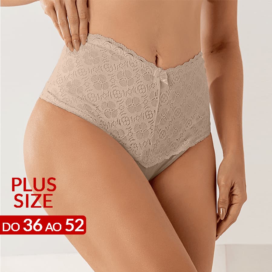 Calcinha Modeladora Cintura Alta Plus Size Renda e Algodão Cós Alto
