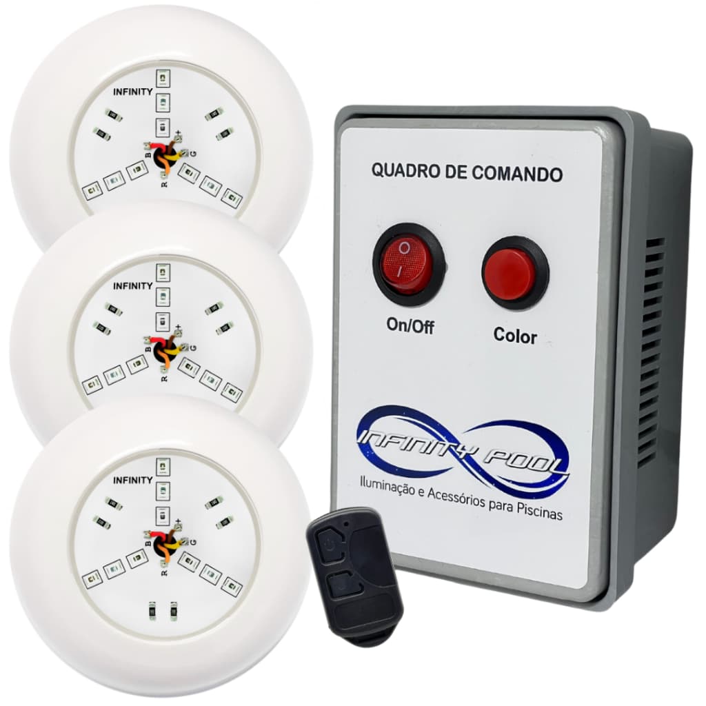 Kit Iluminação Piscina 3 Super Led 6w Rgb Abs + Comando 60w