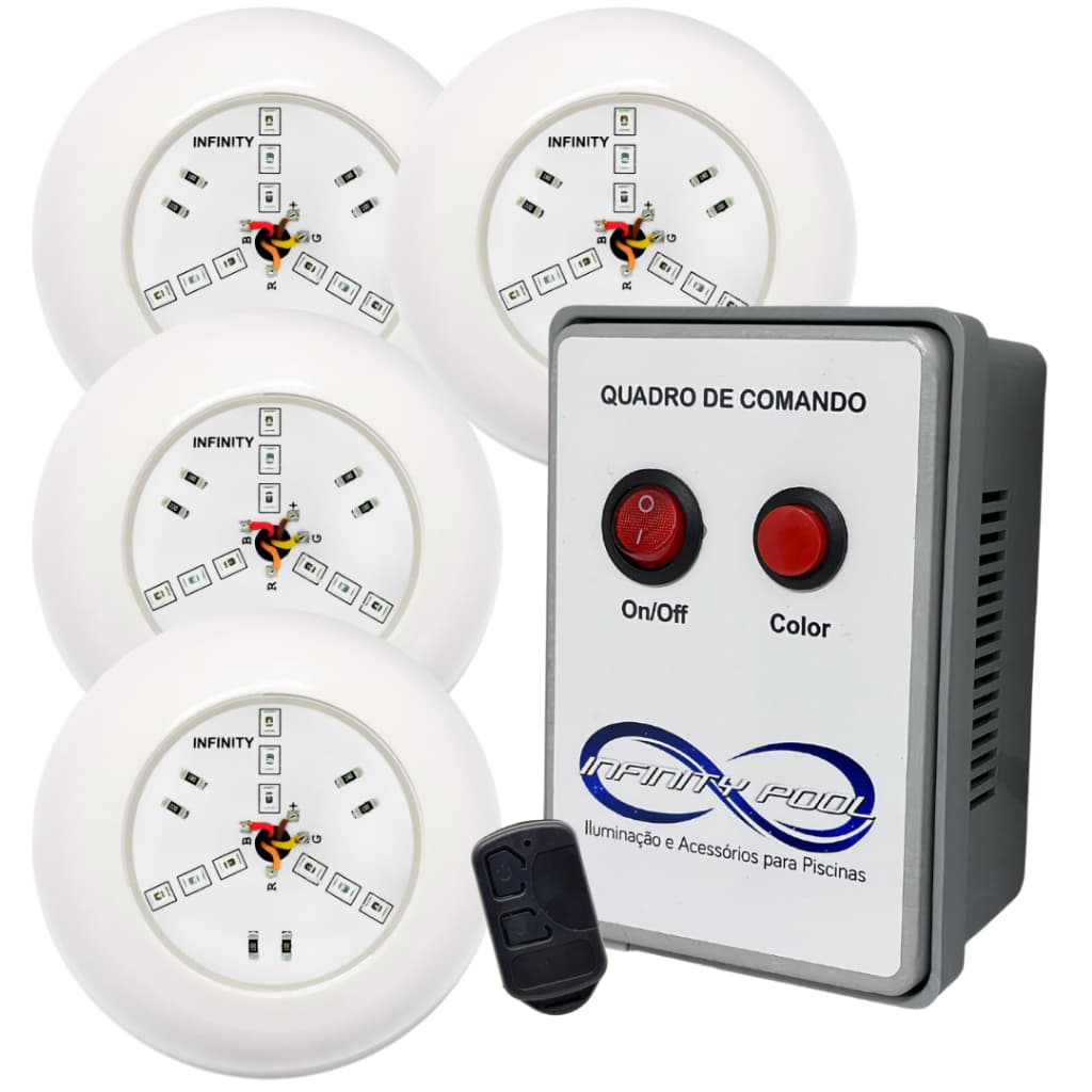 Kit Iluminação Piscina 4 Super Led 6w Rgb Abs + Comando 60w
