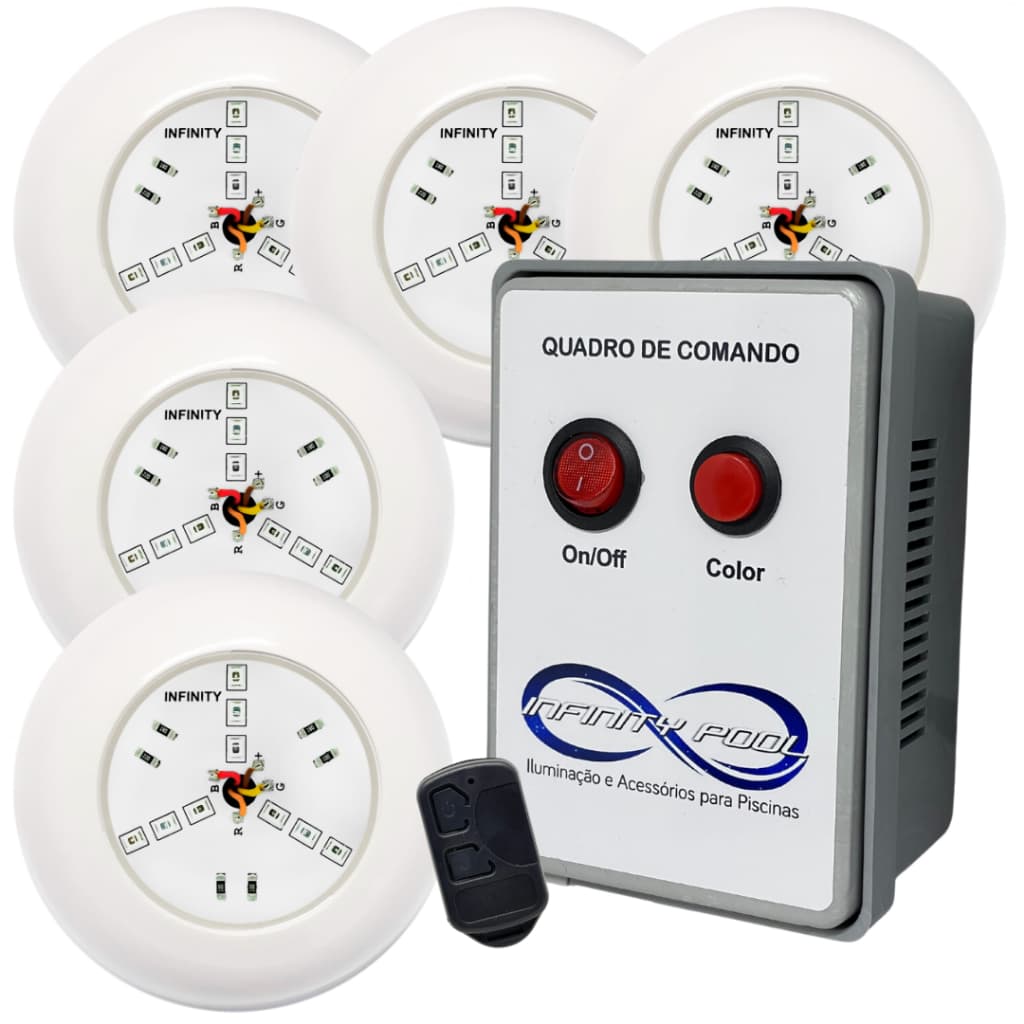 Kit Iluminação Piscina 5 Super Led 6w Rgb Abs + Comando 60w