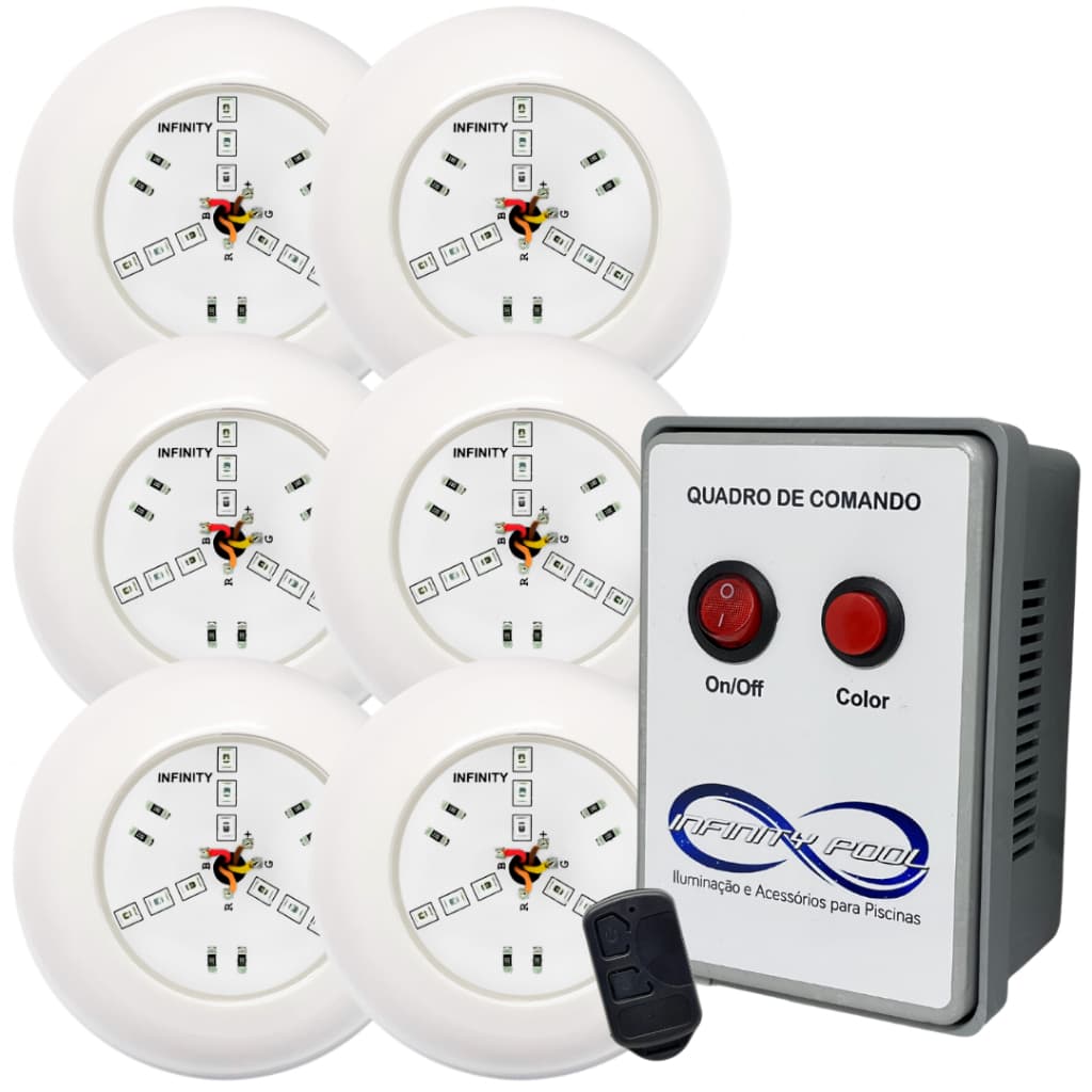 Kit Iluminação Piscina 6 Super Led 6w Rgb Abs + Comando 60w