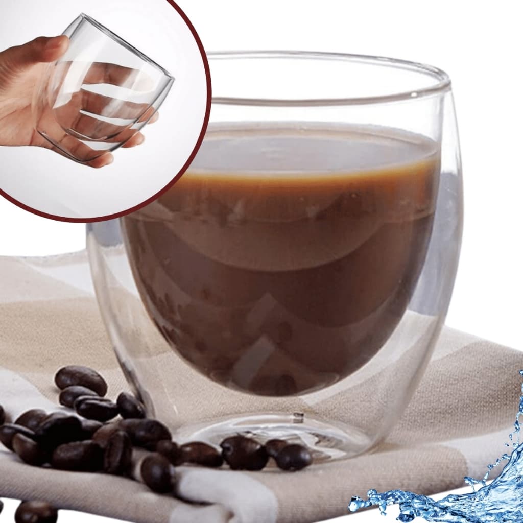Jogo Copos Vidro Duplo Isolante 250ml Transparente Para Servir Bebida Quente E Fria Café Chá, Suco