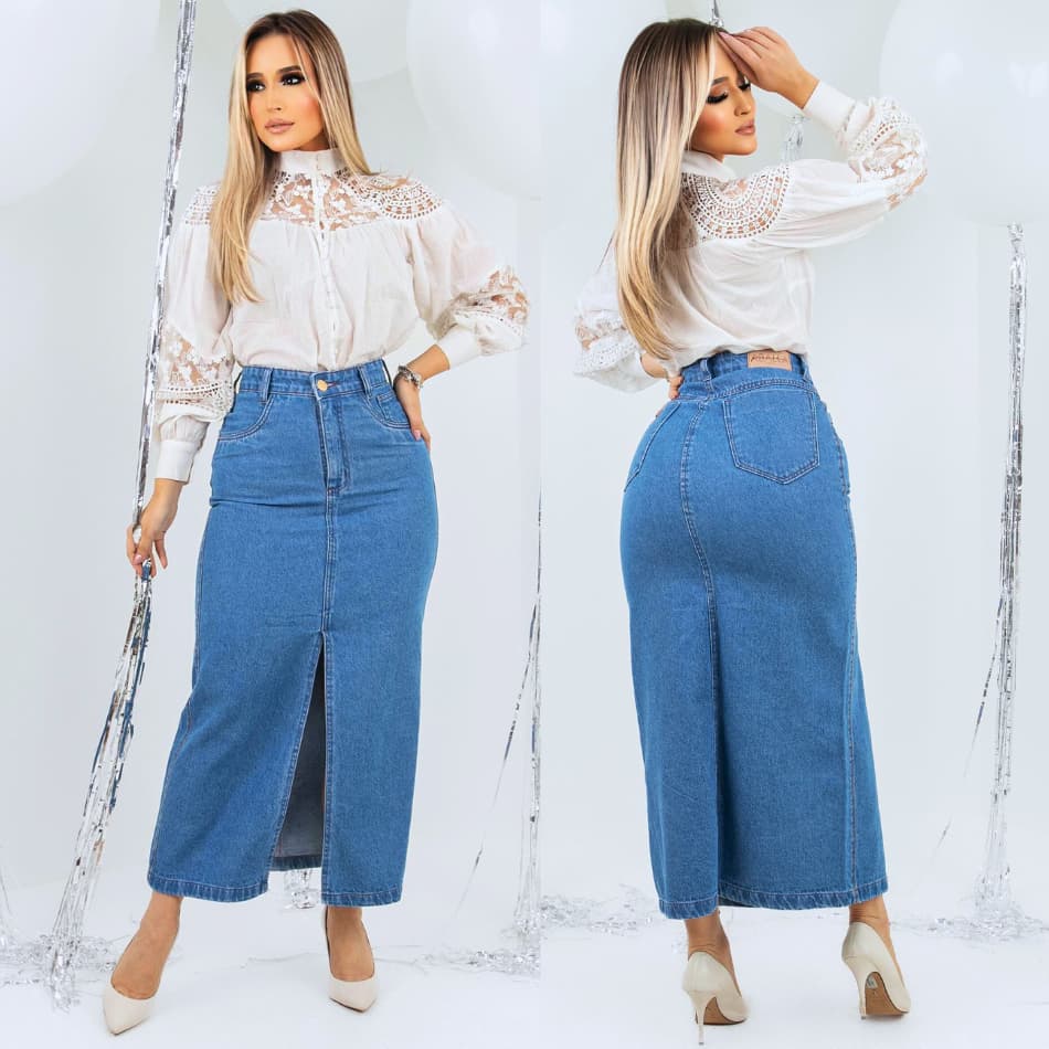 Saia Jeans Feminino Cargo Clara Moda Evangélica