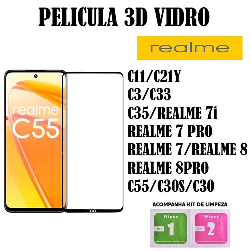 Pelicula De Vidro 3d P/ Realme C11/C21y/C3/C33/C35/Realme 8/Realme 8 pro/C55/C65/C30s/C30  Protetor de Tela CobreTudo