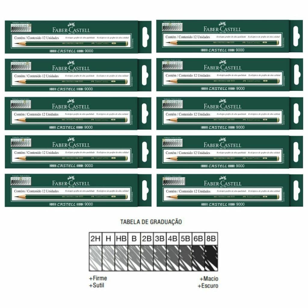 Lapis Tecnico Grafite Faber Castell 9000 - 12 Unidades - Graduações Disponiveis 2H-H-HB-B-2B-3B-4B-5B-6B e 8B