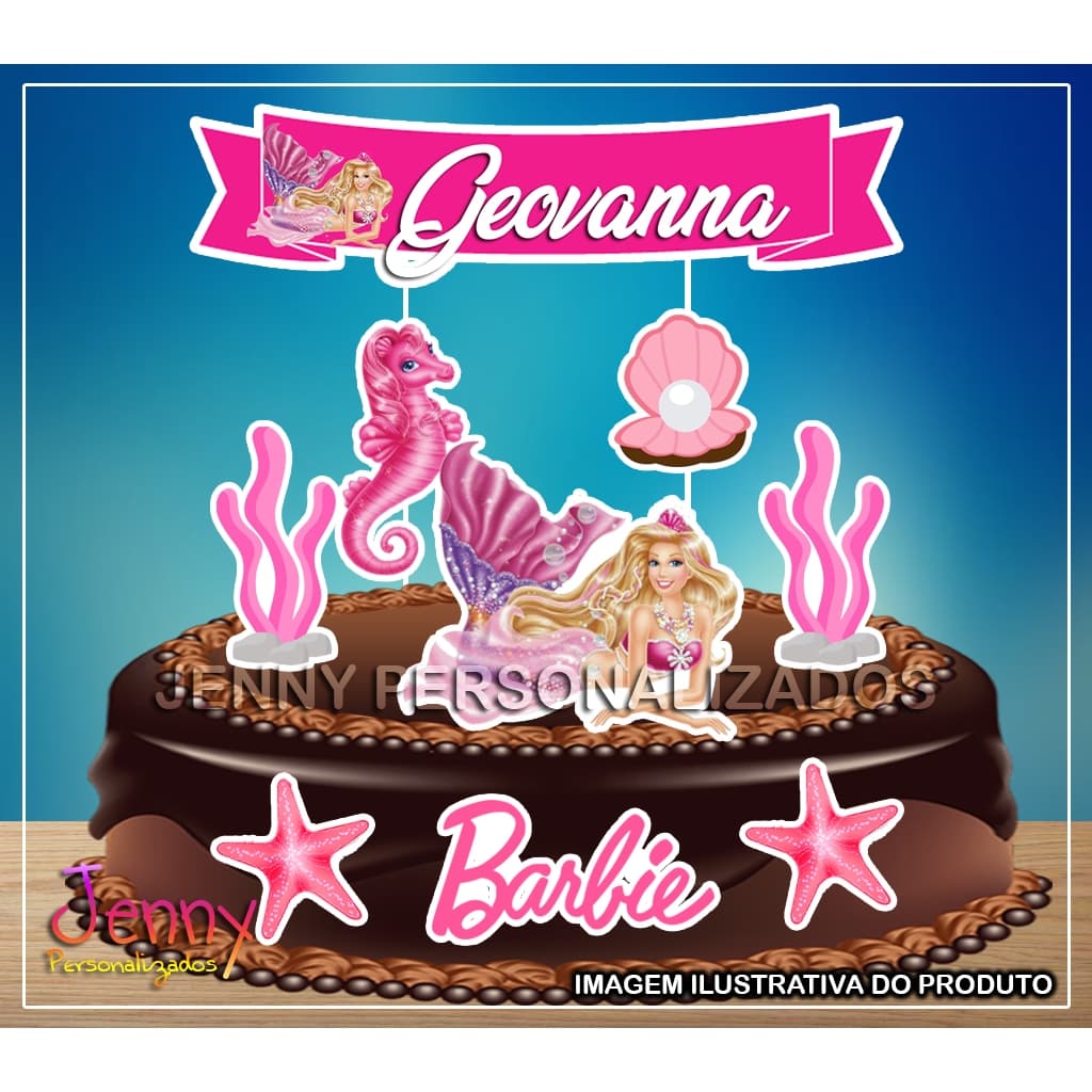 Topo Topper de Bolo Barbie Sereia Personalizado com nome