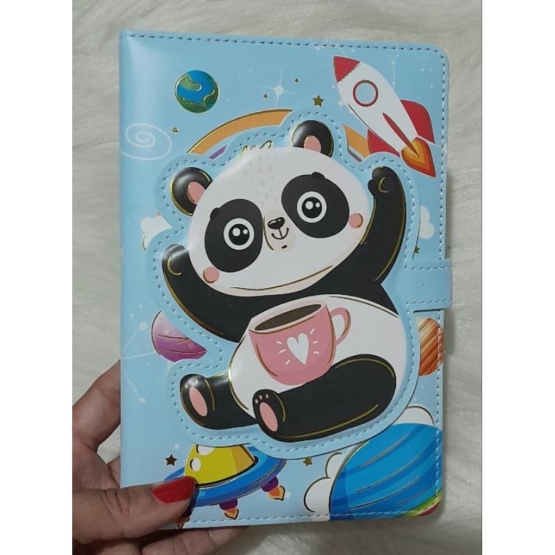 caderno luxo panda capa almofadada e fecho magnético