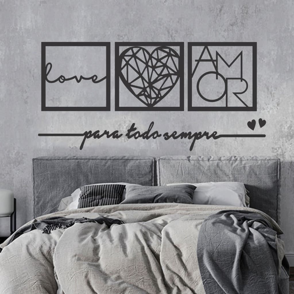 KIT 3 Quadros Love e Coração Geométrico Amor Frase de Parede Para todo Sempre MDF Preto C/Dupla Face