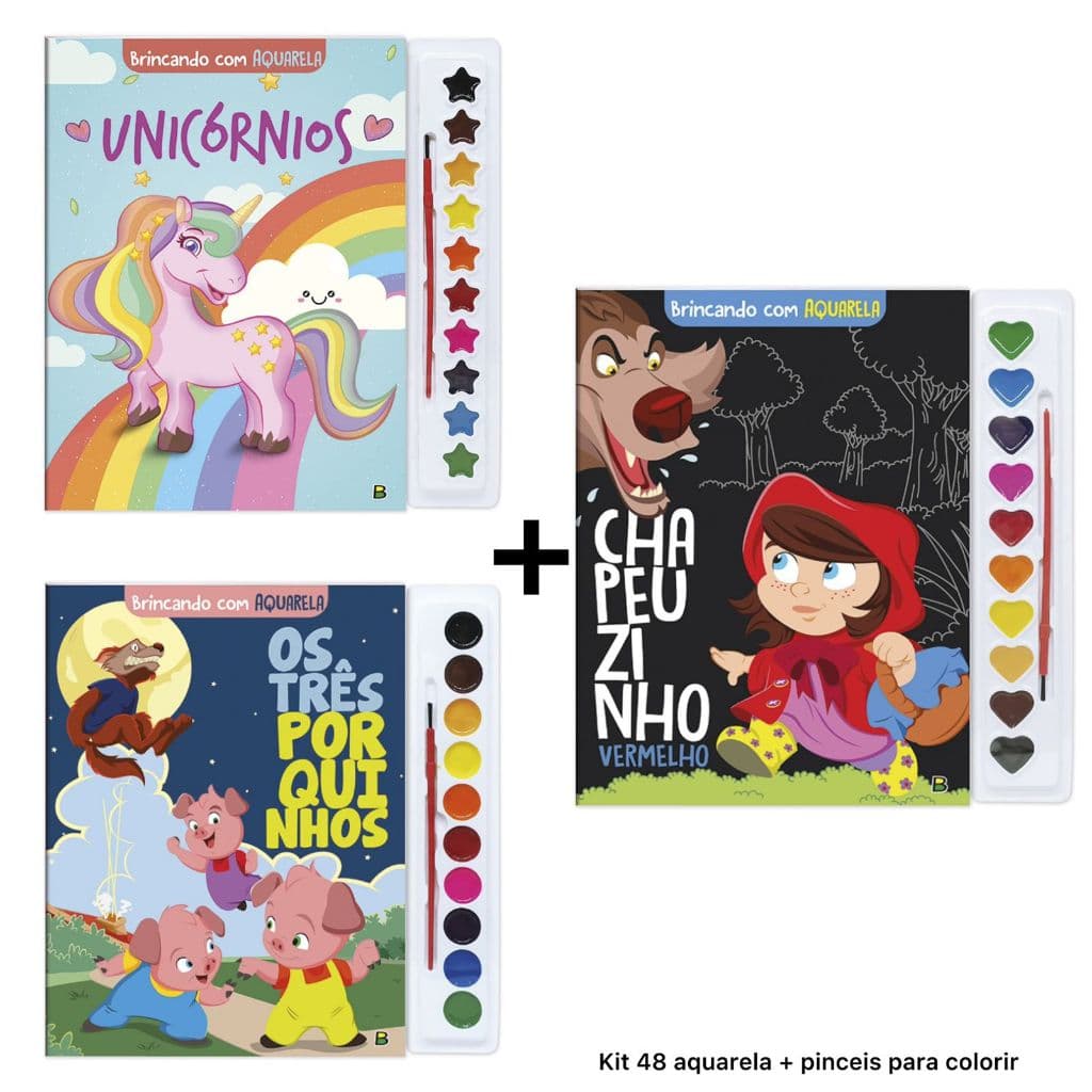 Kit 48 Páginas para Ler e Pintar com Aquarela! Chapeuzinho Vermelho, Três Porquinhos e Unicórnios - Idade 4+ TodoLivro