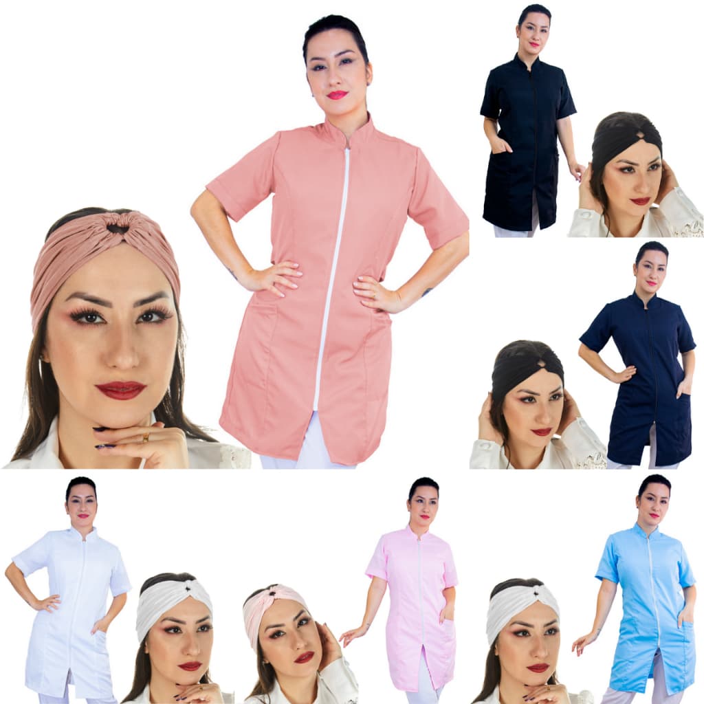 Jaleco Oxford Feminino Acinturado Zíper Gola Padre Manga Curta Com Faixa 2 em 1 Turbante de Cabelo
