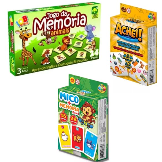 3 Jogos - Jogo da Memória Animais Inglês e Portugues IOB 24 peças +  Jogo Do Mico + Jogo Da Memória 55 Cartas 2 em 1 + Jogo de Cartas Memória 54 CARTAS + 2 CARTAS EXPLICATIVAS Jogo da Memória Achei Brinquedo para o dia das Crianças Presente de Aniversário