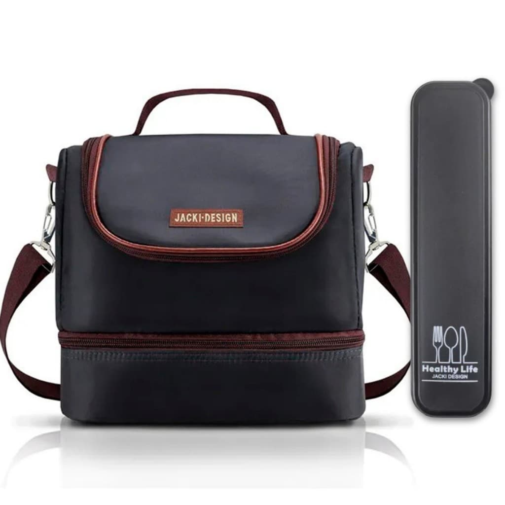 Bolsa Térmica Marmita Lancheira Necessaire 2 Divisórias Compartimentos Alça Ombro Fitness e Porta Talheres Garfo Colher