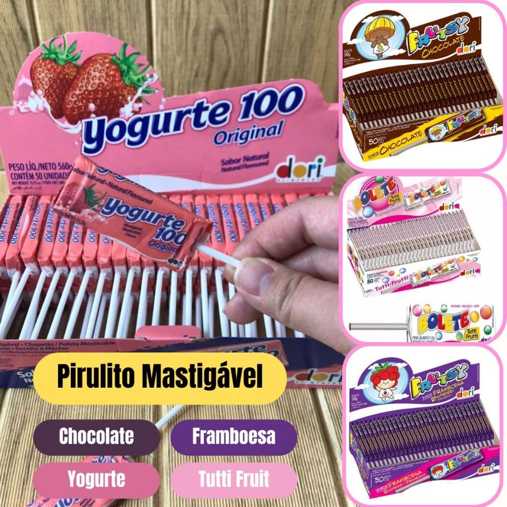Pirulito Mastigável Yogurte 100 Original, Frutsy Chocolate, Framboesa e Bolete Tutti Frutti Caixa c/ 50 unidades - Dori