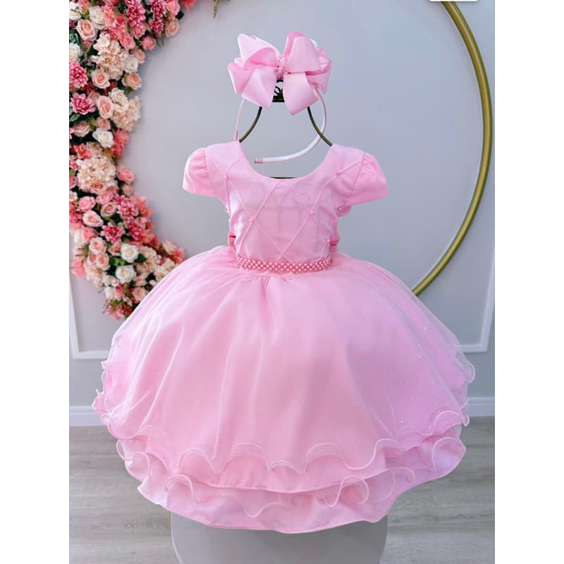 Vestido Rosa Festa Infantil Saia Glitter Princesas