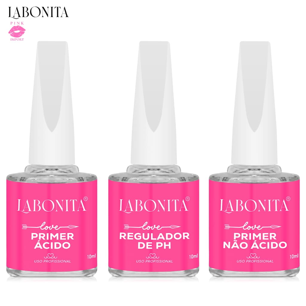 Kit Preparadores Labonita Primer Ácido + Regulador De PH + Primer Não Ácido Unhas de Acrigel Gel e Porcelana