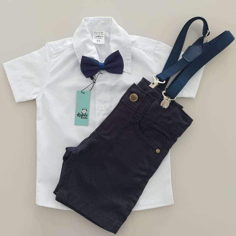 Conjunto Liso Bermuda Azul Marinho e Camisa Branca Manga Curta Conjunto Completo com suspensório e gravata azul marinho