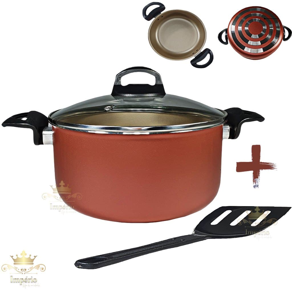Panela Caçarola 18 cm com Tampa de Vidro Com Espátula Antiaderente 5 Camadas De Teflon Cor Cereja Gold Dourada Cobre Panela Avulsa Grande Com Utensilio