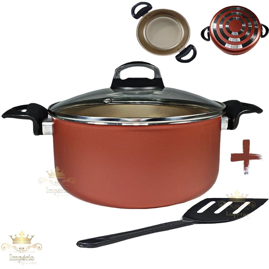 Panela Caçarola Grande 22 cm com Tampa de Vidro Com Espátula Antiaderente 5 Camadas De Teflon Cor Cereja Gold Dourada Cobre Panela Avulsa Grande Com Utensilio