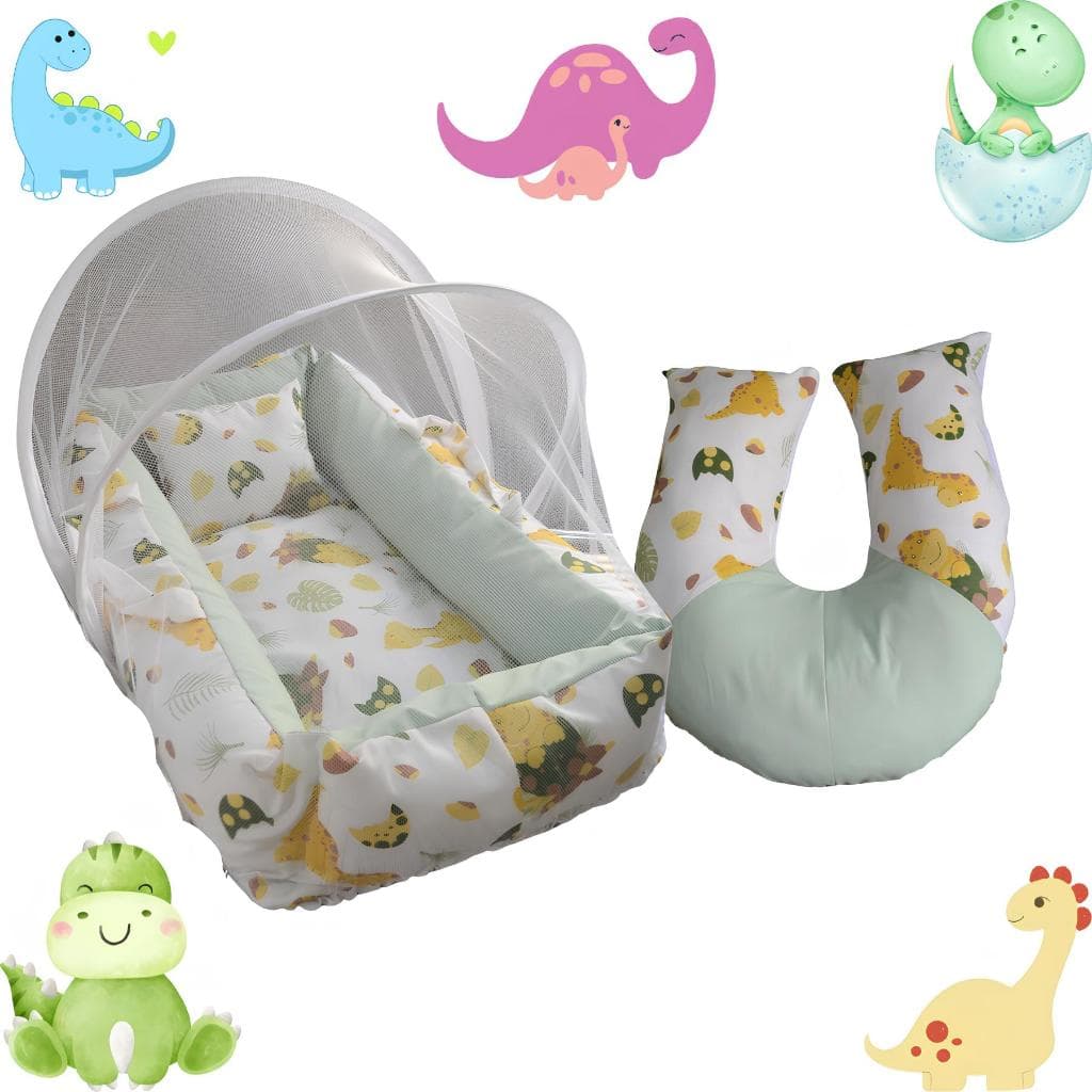 Kit Quarto Ninho Redutor Dino Com Almofada Amamentação + Mosquiteiro.